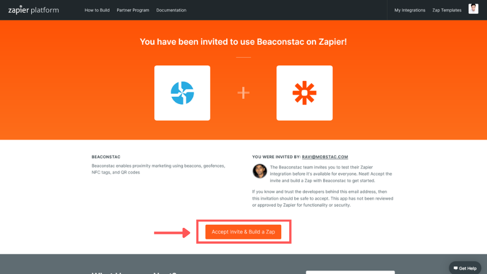 Clicking on "Accept Invite & Create a Zap"