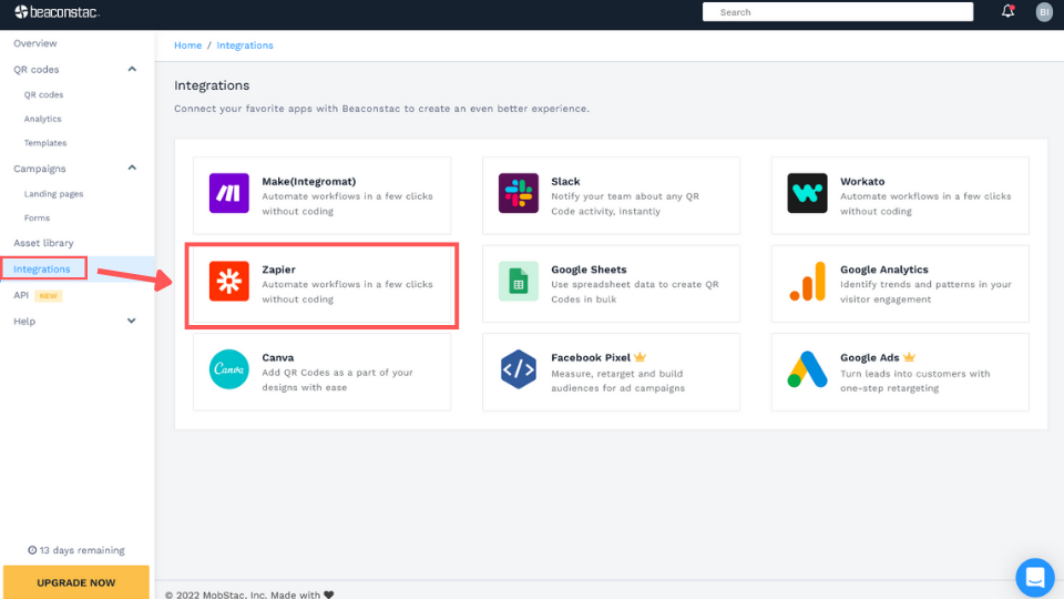 Choosing Zapier from the available app integration options