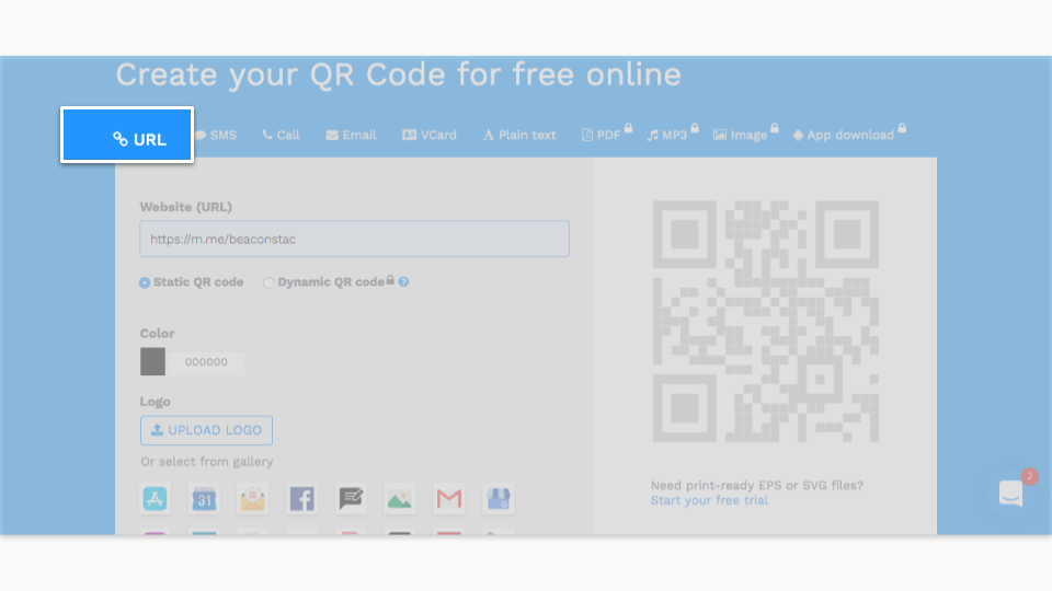Create your Facebook QR code by selecting URL