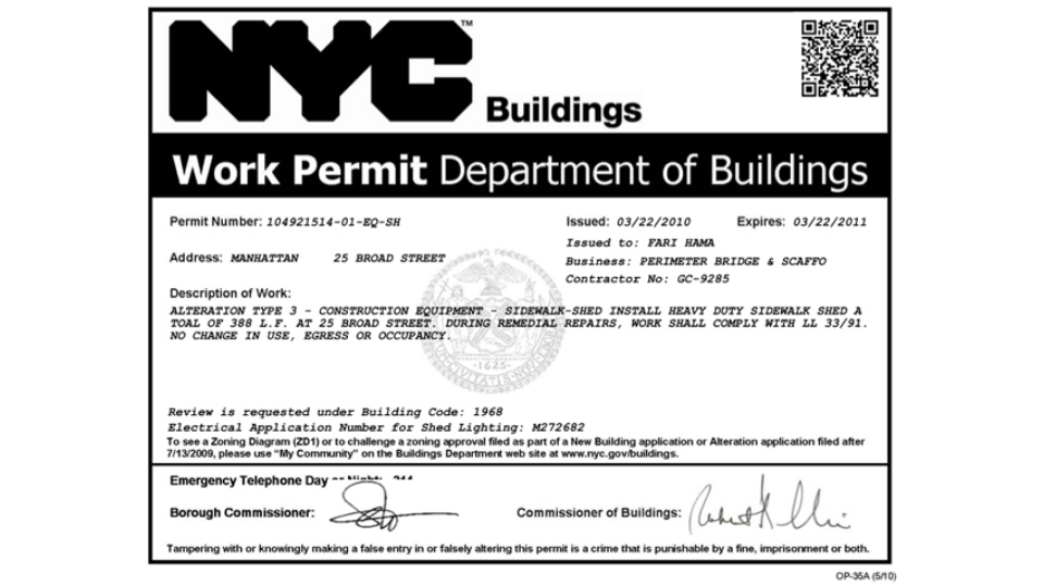 NYC QR Code-based permit for buildings