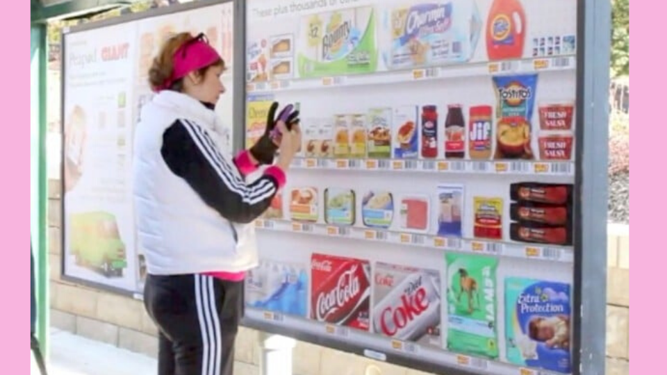 QR Codes on billboards of Peapod's virtual grocery in areas of public transportation