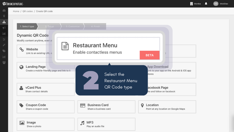 Select Restaurant menu QR Code type