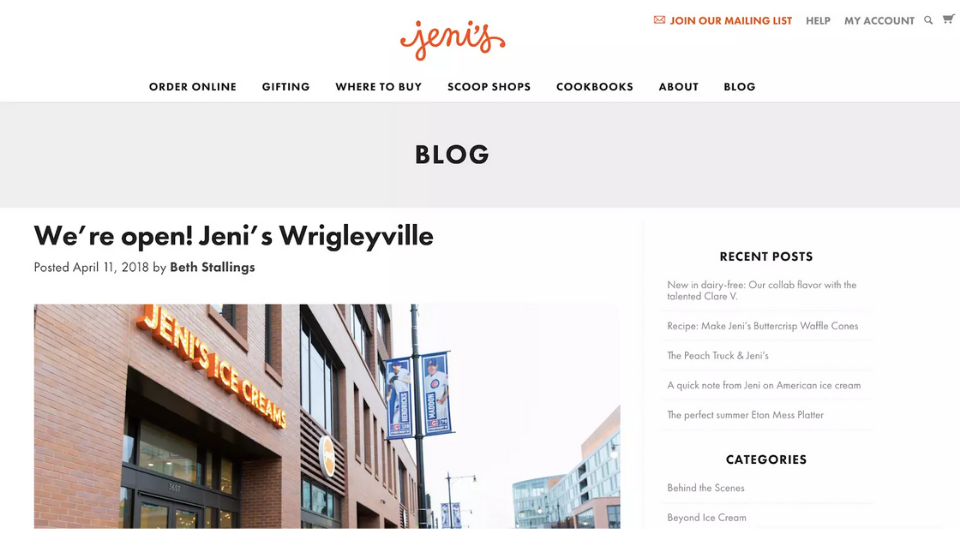 Jeni's Ice Creams' blog post about their newly opened branch in Chicago