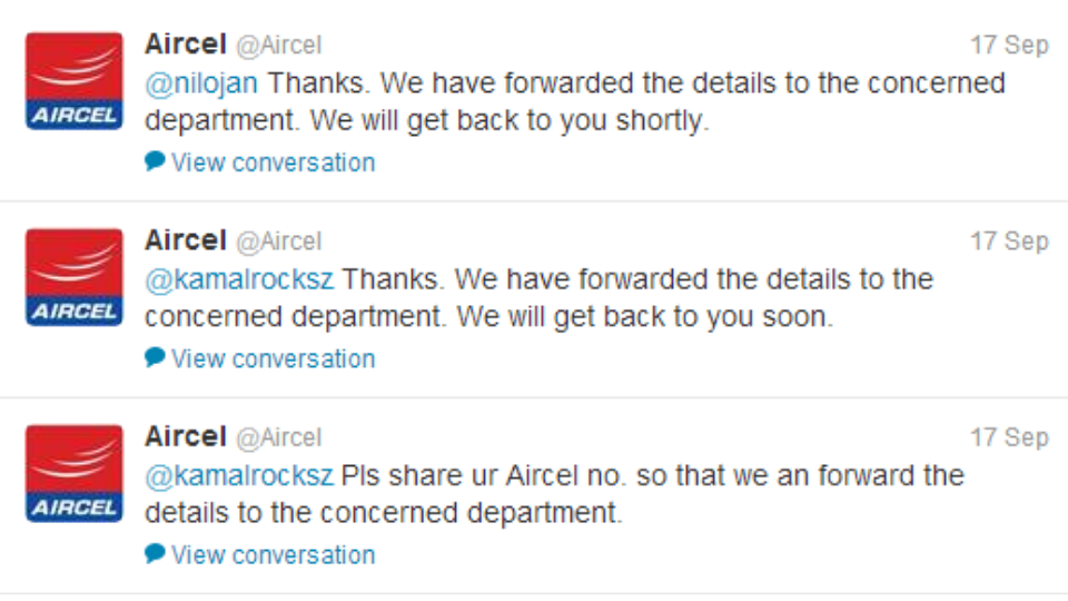 Aircel's prompt customer responses