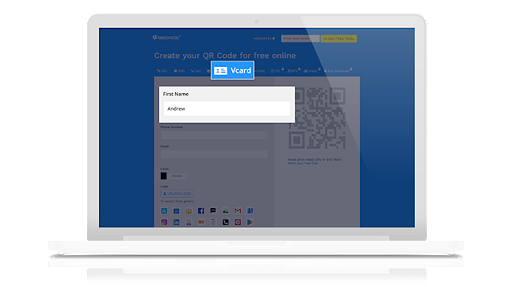 Select vCard on the QR Code generator