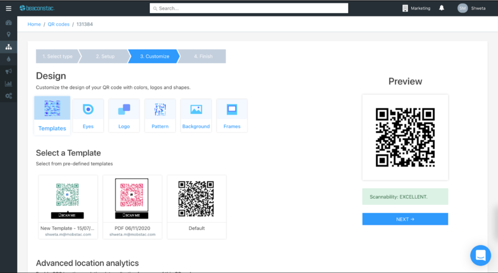 View saved QR Code templates during the customization step