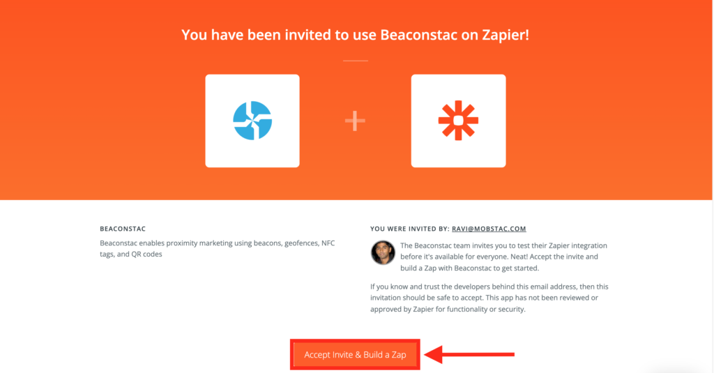 You’ll be redirected to a web page where you need to click on ‘Accept Invite & Build a Zap’