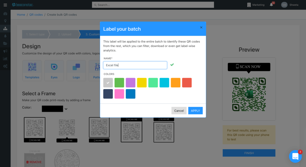 Assign a label to your batch of QR Codes