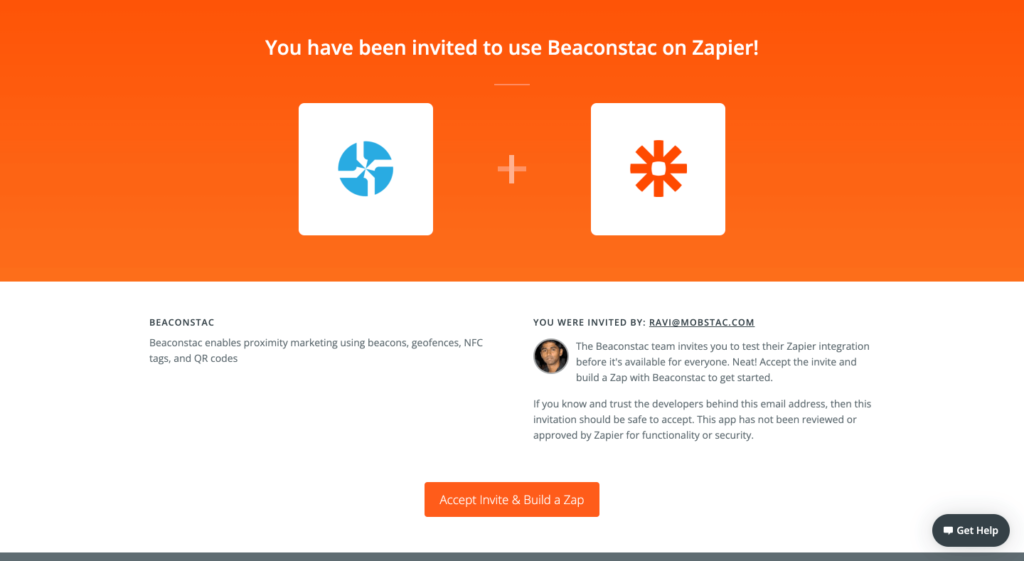 Click on ‘Accept Invite & Build a Zap’
