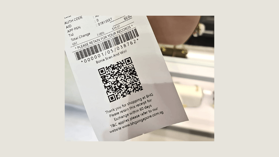 BHG Singapore uses QR Codes on receipts to share exclusive deals with customers