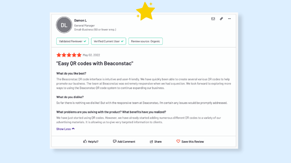Beaconstac's 5-star review by a General Manager at a small-sized company