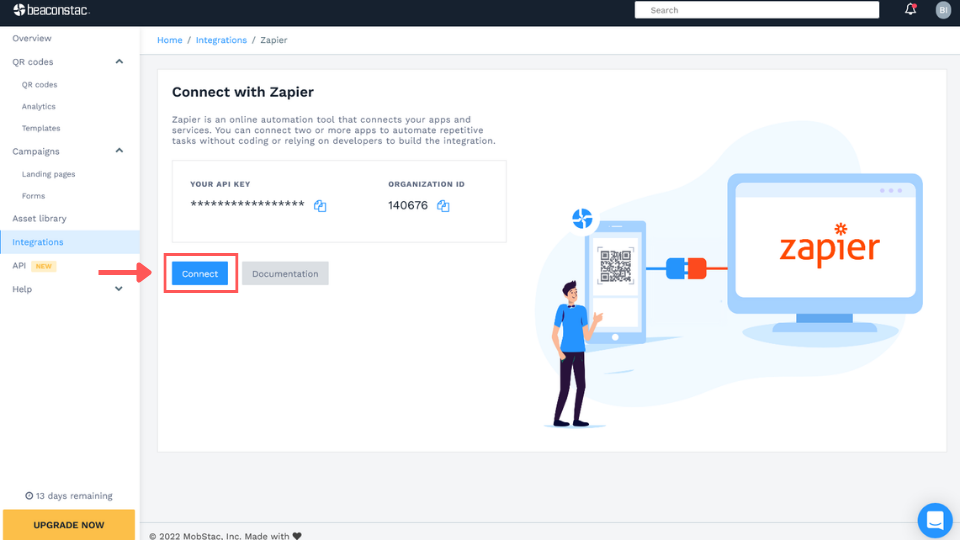 Clicking "Connect" to start the Beaconstac-Zapier integration