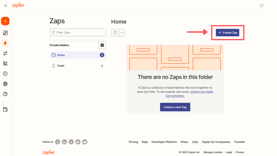 Click on "+ Create Zap" to start creating the Google Drive-Beaconstac Zap