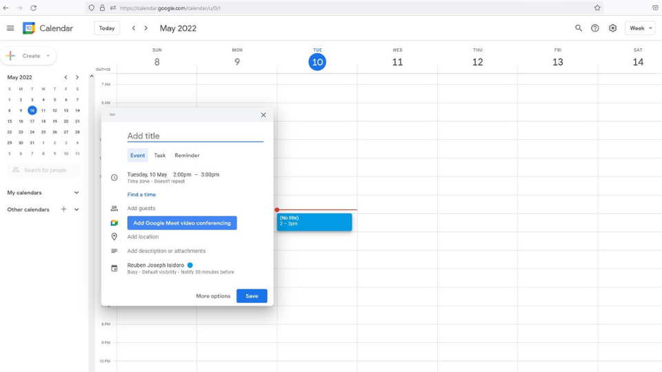 Creating an event on Google Calendar and adding the necessary details