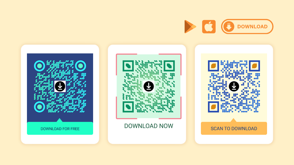 Examples of app download QR Codes with CTA texts below them