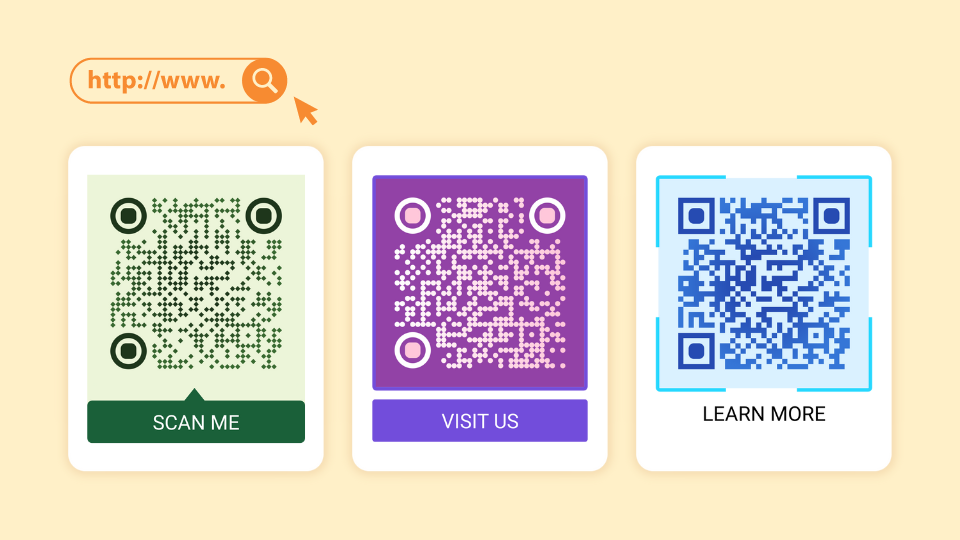 Examples of website QR Codes with CTA text below them
