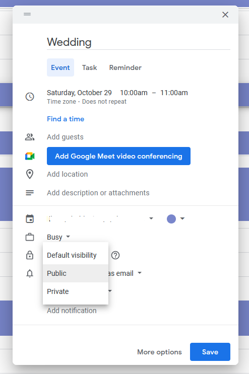 Click on Default visibility and change event to public