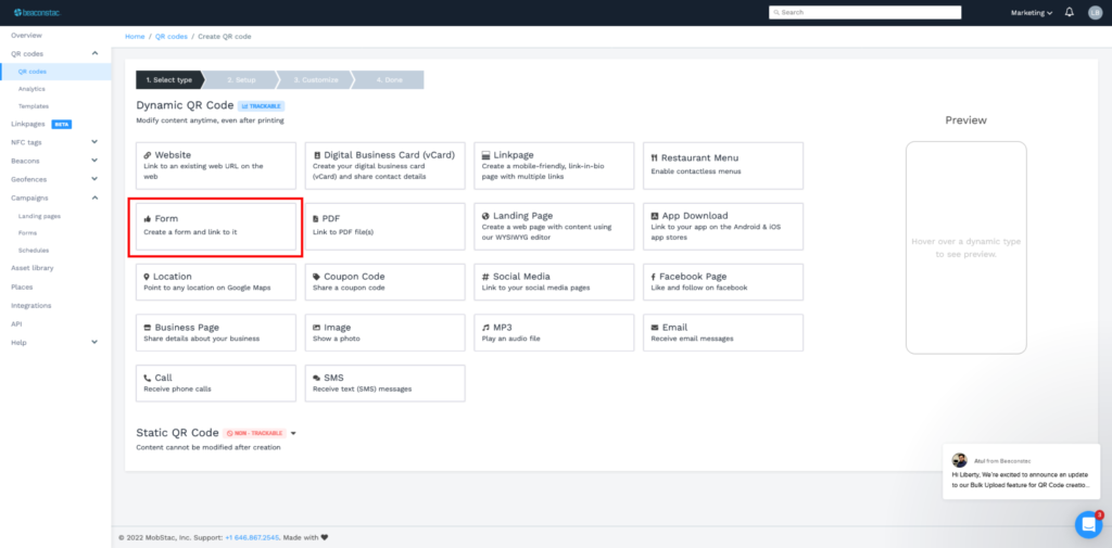 Select form in Beaconstac dashboard