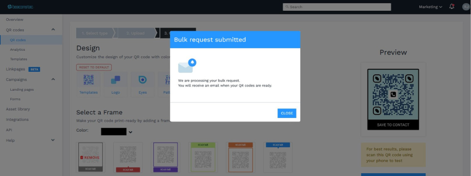 A notification showing that you have submitted your bulk creation request and it's now being processed