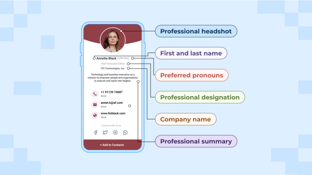 An executive's interactive business card that includes a compelling and authoritative profile information