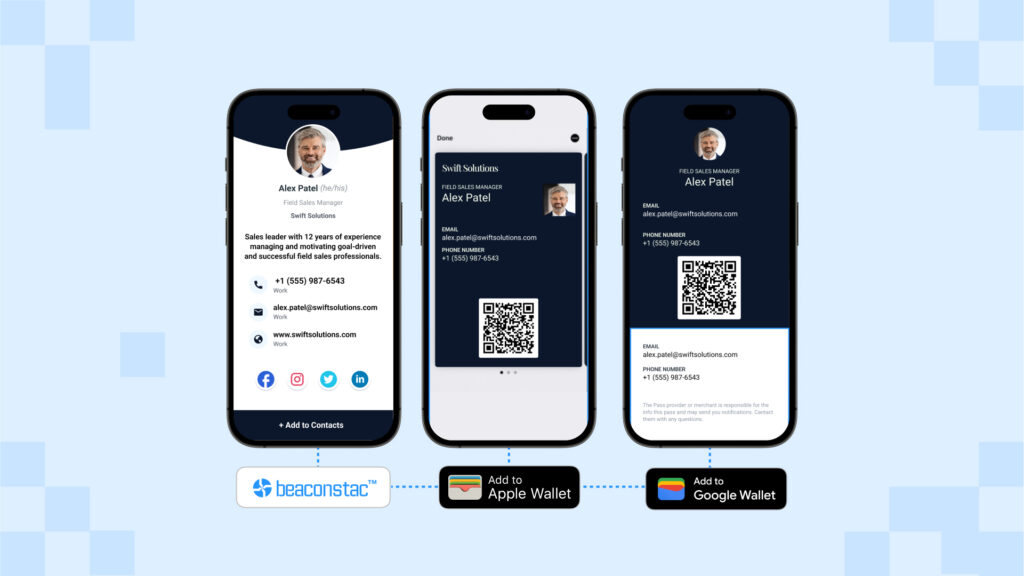 A digital business card that can be shared in a paperless and contactless manner via Apple or Google Wallet