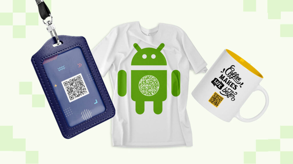QR Codes engraved on keychain, shirt, cup