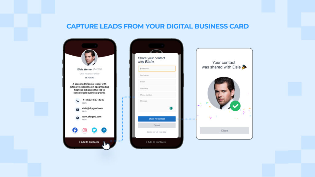 A digital business card that offers two-way contact sharing so clients can submit their contact details directly from the card