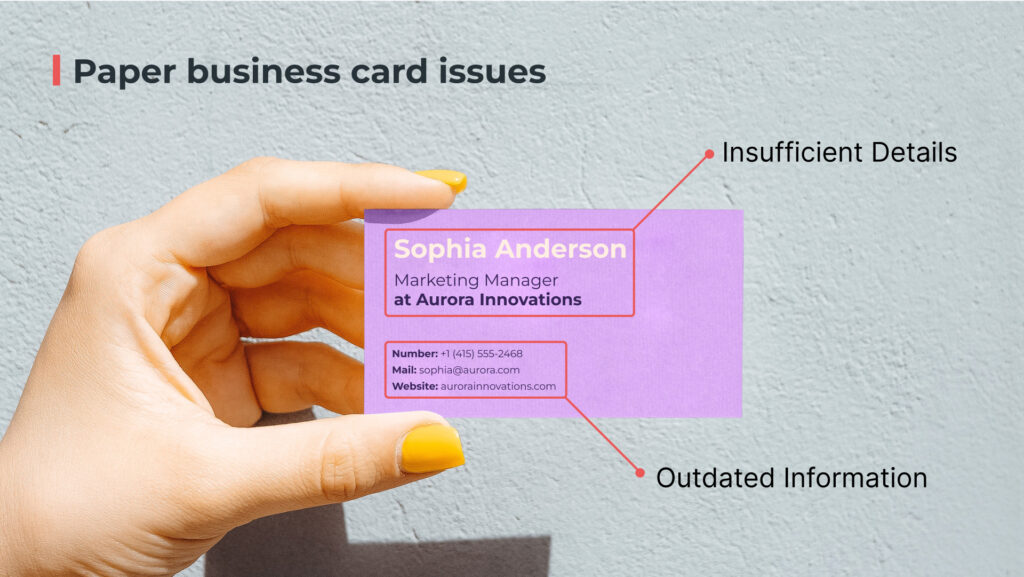 A paper business card that has insufficient and outdated information