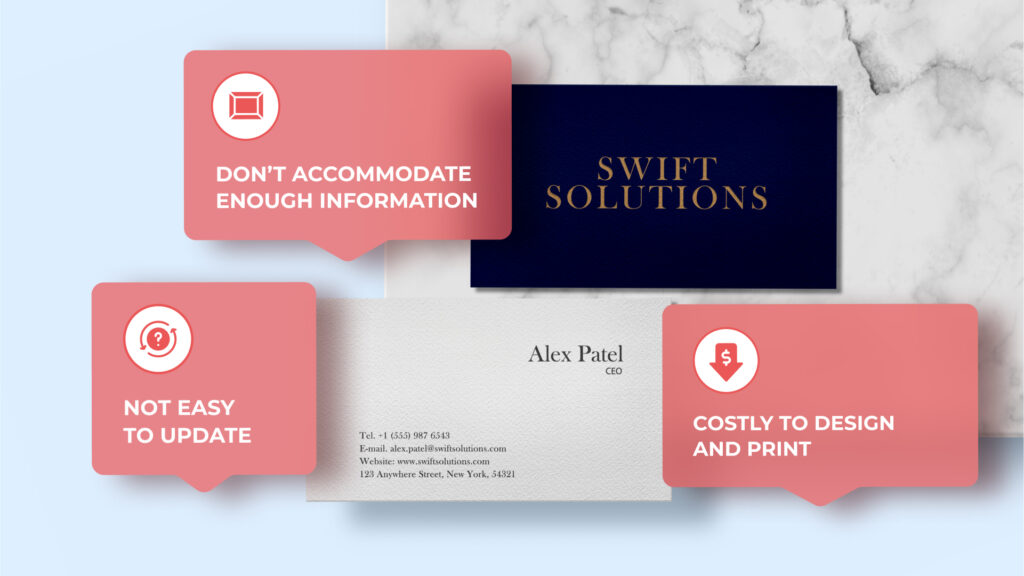 A paper business card that is accompanied by multiple drawbacks
