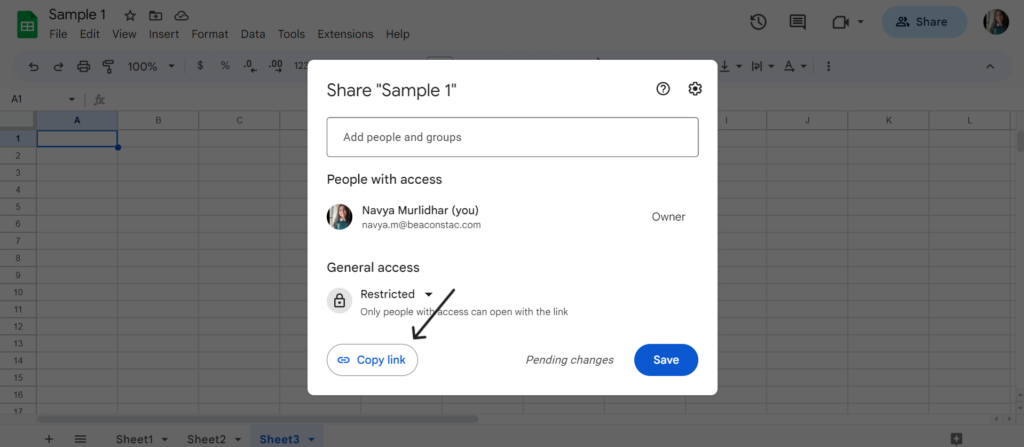 Open Google Sheets and click on share to copy the URL