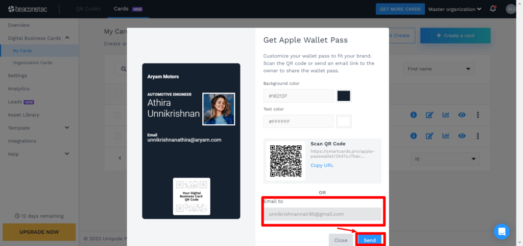 Add your digital business card to Apple Wallet via email.