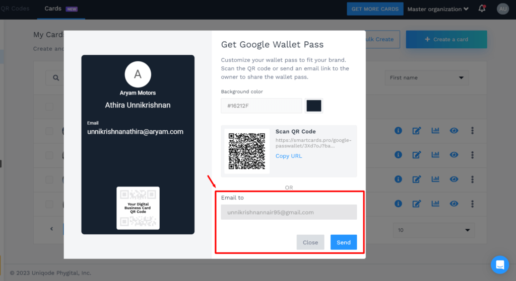 Email the wallet pass to add it to your Google Wallet.
