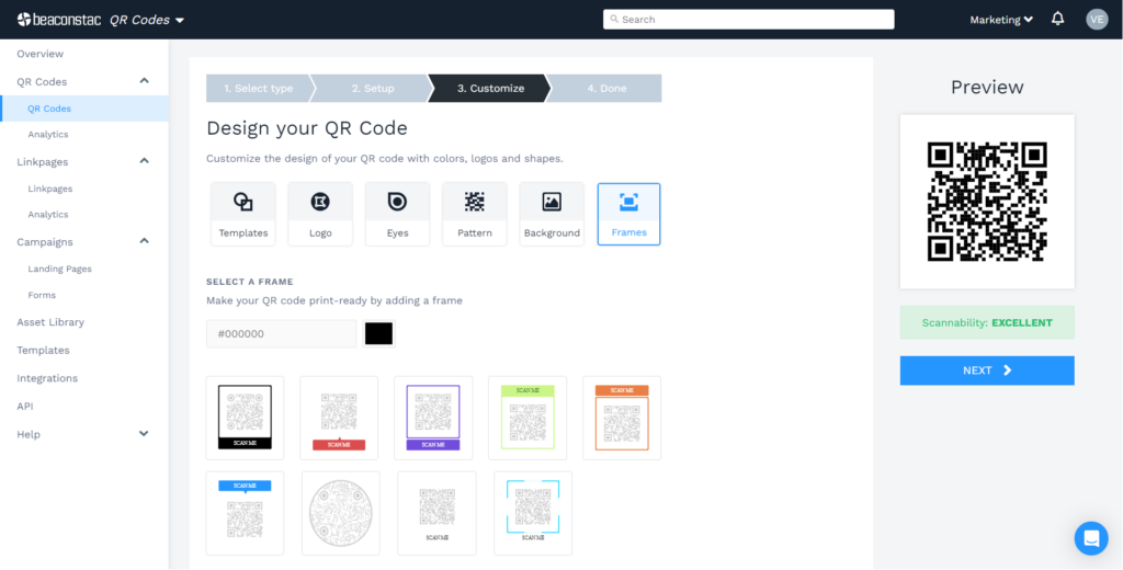 Design your QR Code with a logo, branded colors, CTA