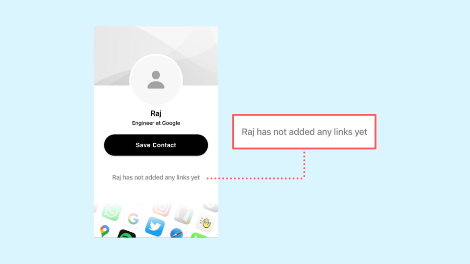 Popl reflects a piece of text saying you have not added any links to your card