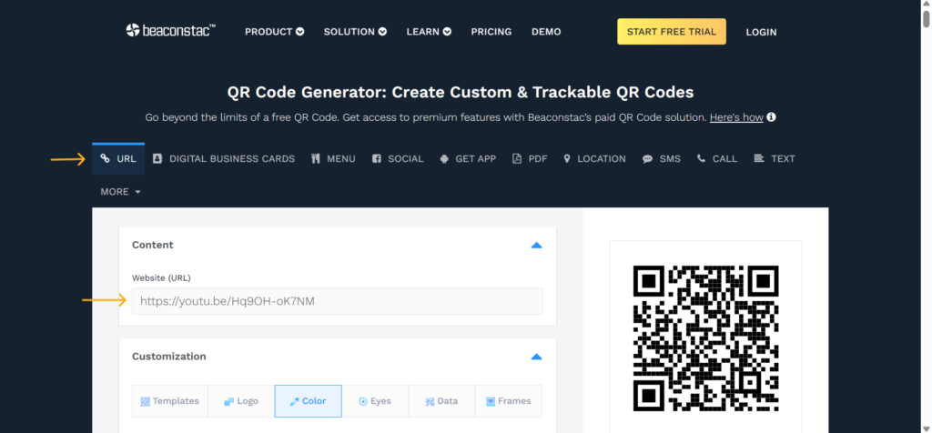 Open Beaconstac's QR Code generator and input URL in the given field