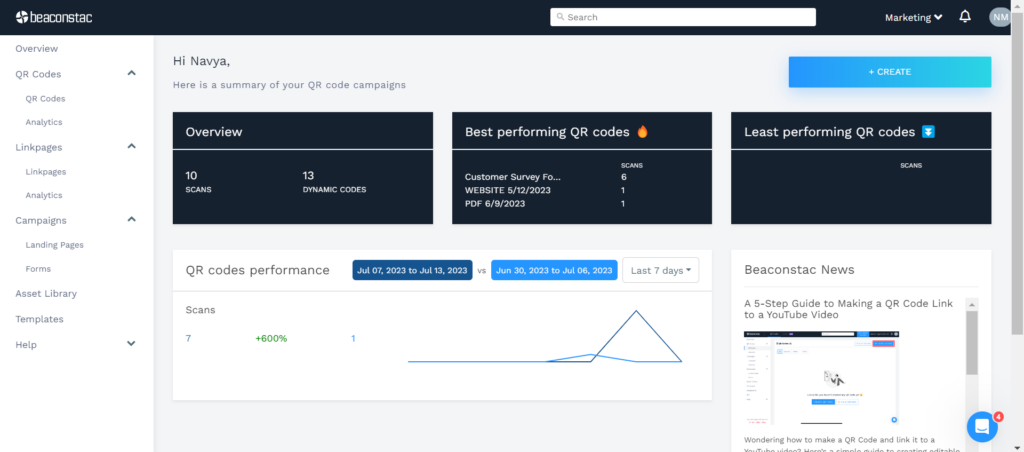 Open the Beaconstac dashboard and click on "+create"