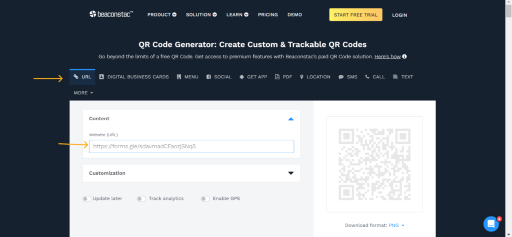 Open Beaconstac's QR Code generator and paste the URL of the attendance form
