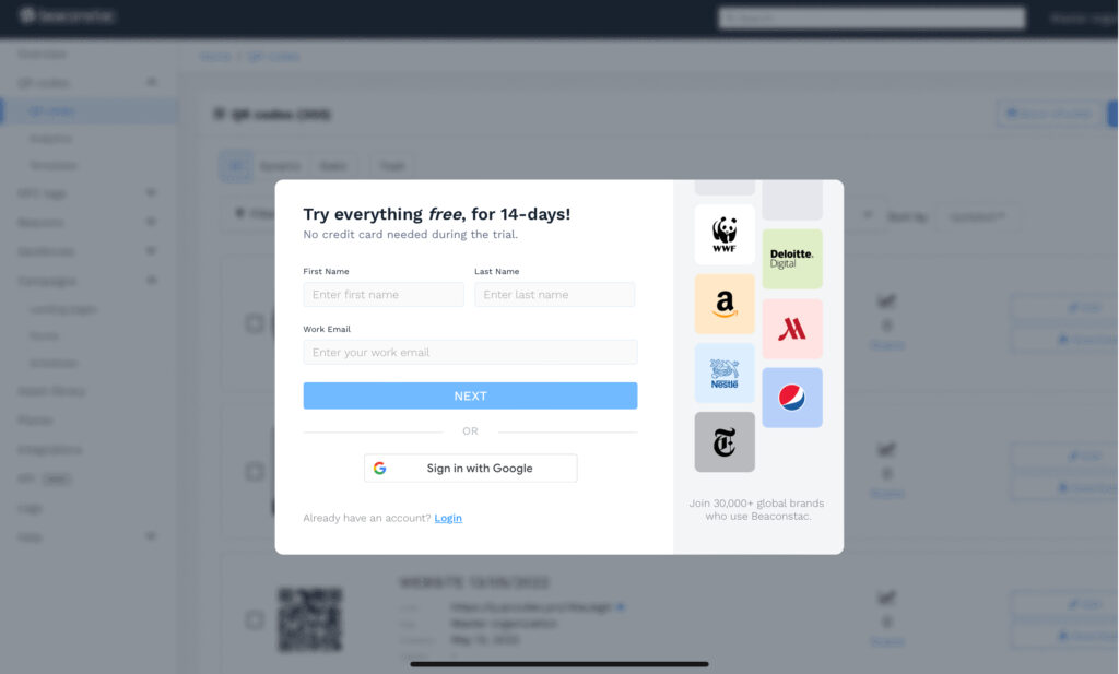Sign up to try all premium QR Code features free, for 14 days