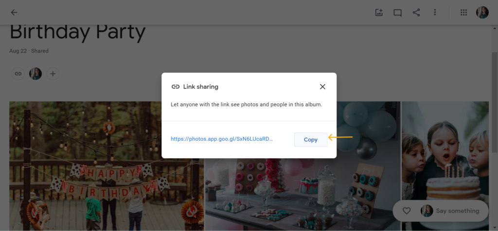 Upload the photos on an online cloud platform and copy the link 