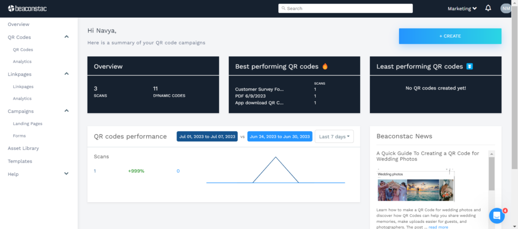 Open the Beaconstac dashboard and click "+Create"